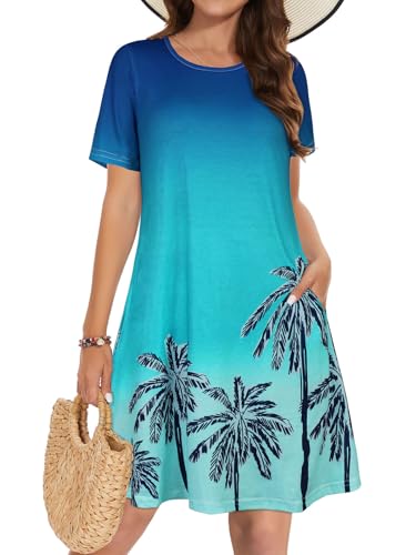 elescat Summer Dresses for Women Casual Short Sleeve Loose Beach Cover Up Scoop Neck Floral Sundress with Pockets(Blue Hawaiian Tree, 2XL) - Image 1