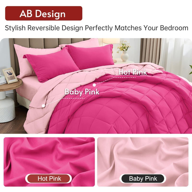 MUXHOMO 7 Pieces California King Comforter Set, Reversible Bed in a Bag Cal King Size, All Season Bedding Set with Comforter, Flat Sheet, Fitted Sheet, Pillowcases & Shams, Hot Pink & Baby Pink - Image 3