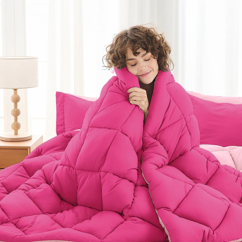 MUXHOMO 7 Pieces California King Comforter Set, Reversible Bed in a Bag Cal King Size, All Season Bedding Set with Comforter, Flat Sheet, Fitted Sheet, Pillowcases & Shams, Hot Pink & Baby Pink - Image 4