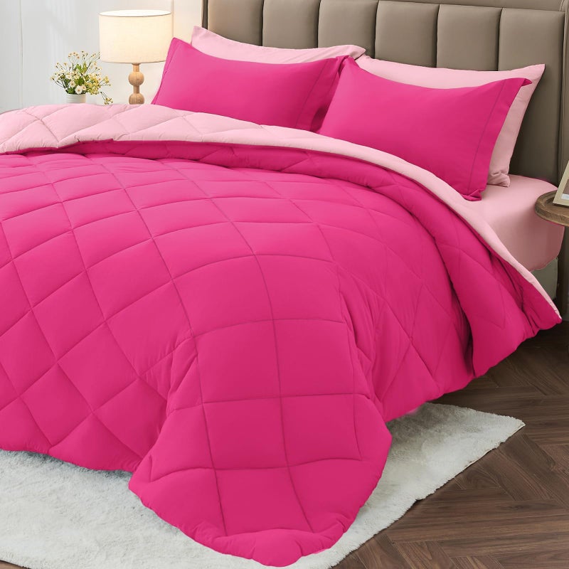 MUXHOMO 7 Pieces California King Comforter Set, Reversible Bed in a Bag Cal King Size, All Season Bedding Set with Comforter, Flat Sheet, Fitted Sheet, Pillowcases & Shams, Hot Pink & Baby Pink - Image 1