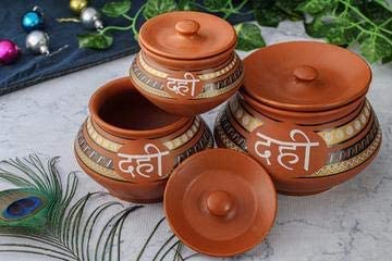 Amazecart Ceramic Dahi Handi Set of 3 pcs with Lid Natural Mud Color for Serving Curd/Dal/Curry/chach/Raita etc Brown - Image 4
