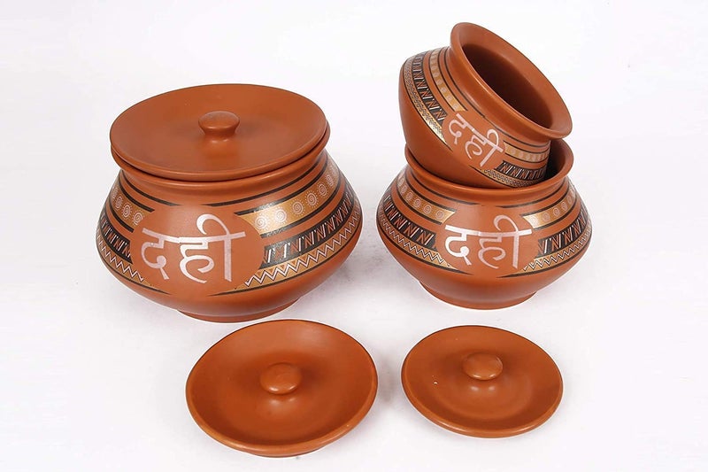 Amazecart Ceramic Dahi Handi Set of 3 pcs with Lid Natural Mud Color for Serving Curd/Dal/Curry/chach/Raita etc Brown - Image 2
