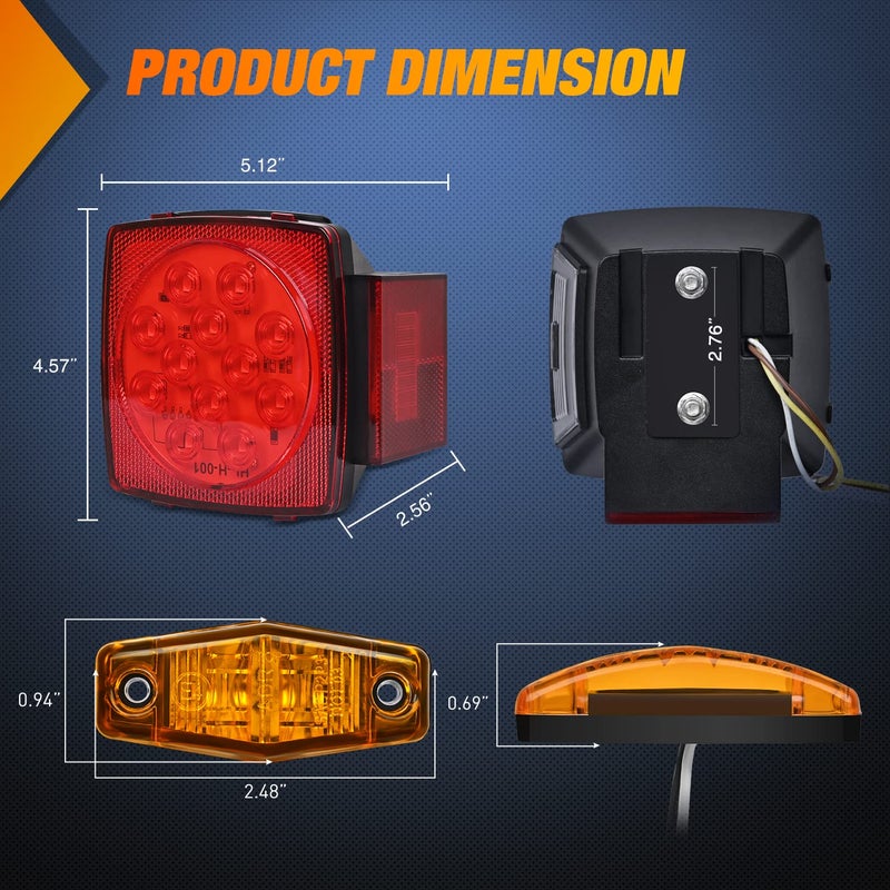 Nilight LED Trailer Light Kit Square Stop Turn Tail Red Amber Side Marker lights Third Brake ID Bar for 12V Utility Boat Camper RV Trucks Marine Snowmobile - Image 3