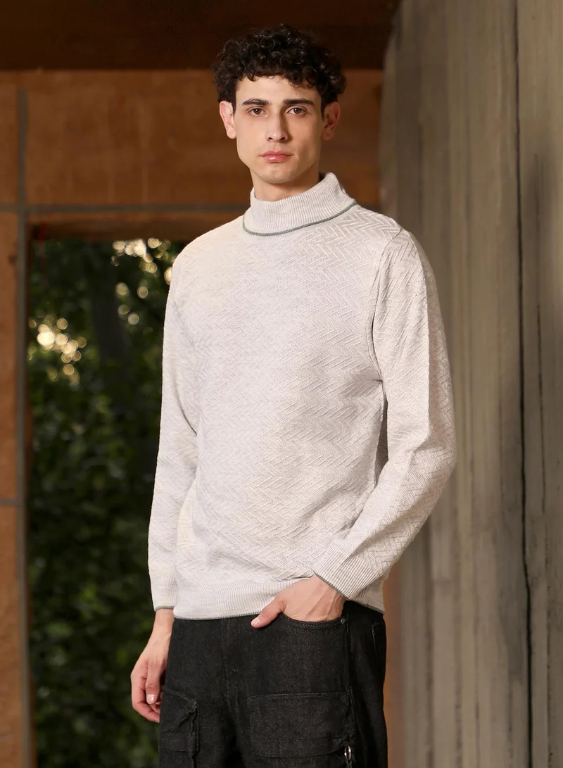 Campus Sutra Campus Sutra Men's Cloud Grey Herringbone-Jacquard Knit Pullover Sweater | Turtle Neck , Ribbed Cuff Sleeves , Pull On Closure , Ribbed-Straight Hem | Solid Jacquard For Casual & Daily Wear