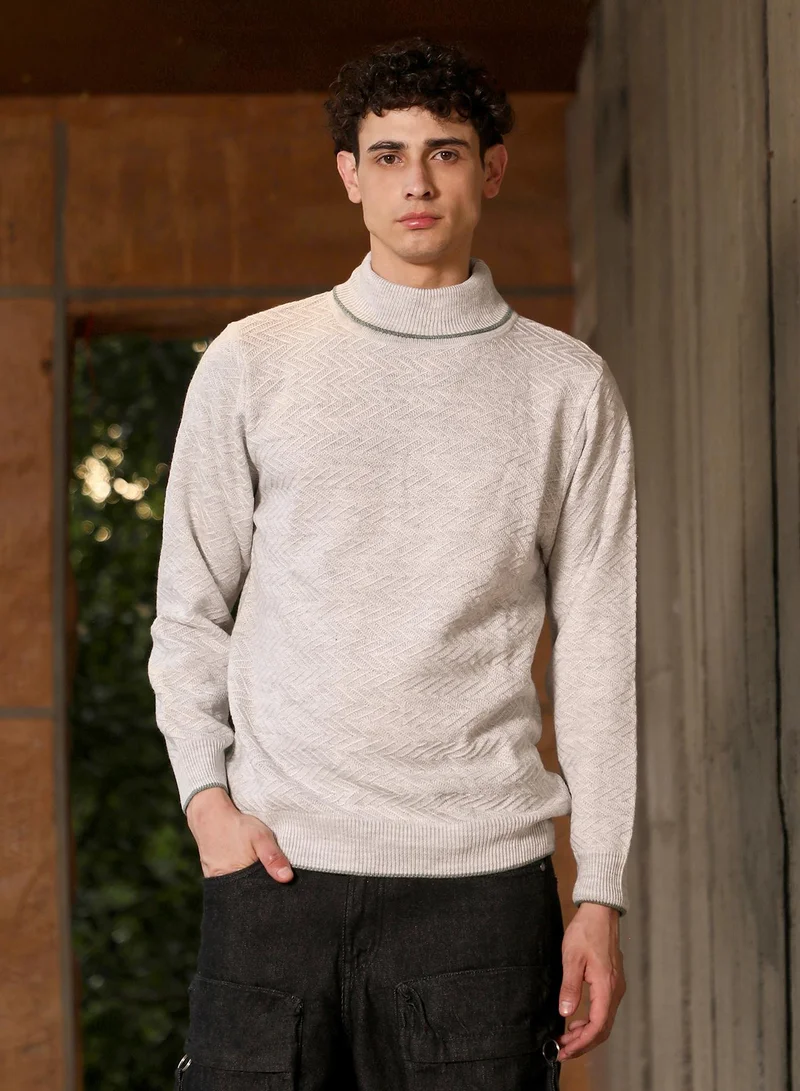 كامبوس سوترا Campus Sutra Men's Cloud Grey Herringbone-Jacquard Knit Pullover Sweater | Turtle Neck , Ribbed Cuff Sleeves , Pull On Closure , Ribbed-Straight Hem | Solid Jacquard For Casual & Daily Wear
