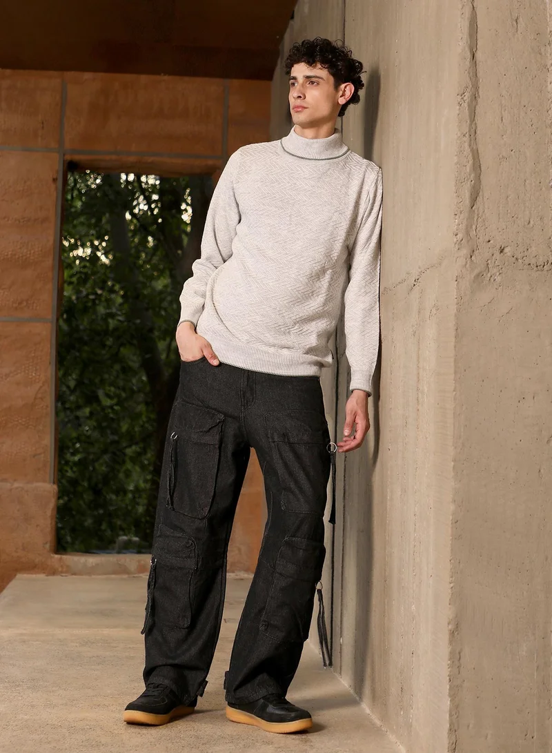 Campus Sutra Campus Sutra Men's Cloud Grey Herringbone-Jacquard Knit Pullover Sweater | Turtle Neck , Ribbed Cuff Sleeves , Pull On Closure , Ribbed-Straight Hem | Solid Jacquard For Casual & Daily Wear