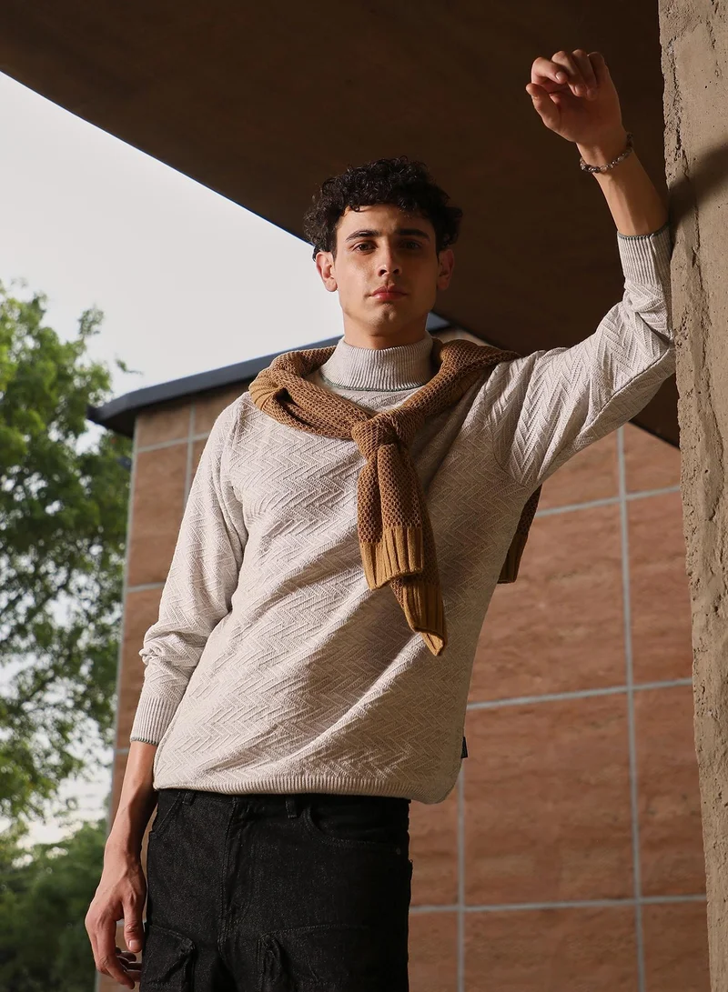 كامبوس سوترا Campus Sutra Men's Cloud Grey Herringbone-Jacquard Knit Pullover Sweater | Turtle Neck , Ribbed Cuff Sleeves , Pull On Closure , Ribbed-Straight Hem | Solid Jacquard For Casual & Daily Wear