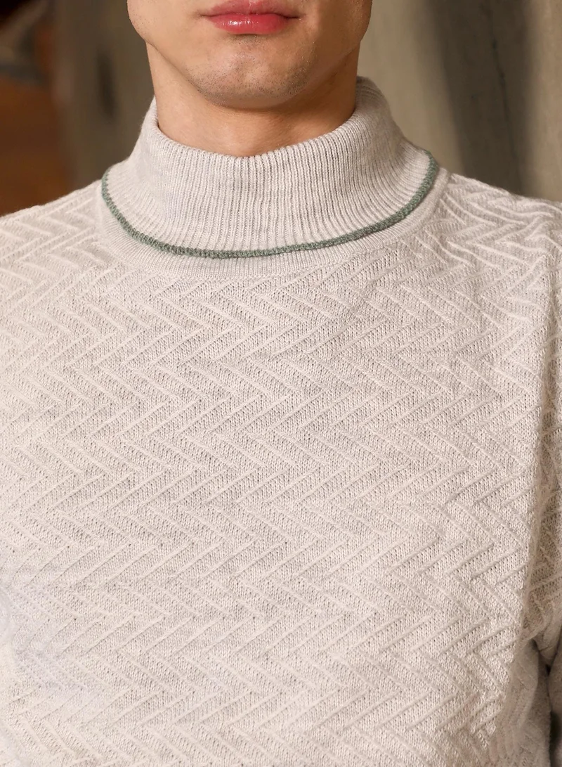 Campus Sutra Campus Sutra Men's Cloud Grey Herringbone-Jacquard Knit Pullover Sweater | Turtle Neck , Ribbed Cuff Sleeves , Pull On Closure , Ribbed-Straight Hem | Solid Jacquard For Casual & Daily Wear