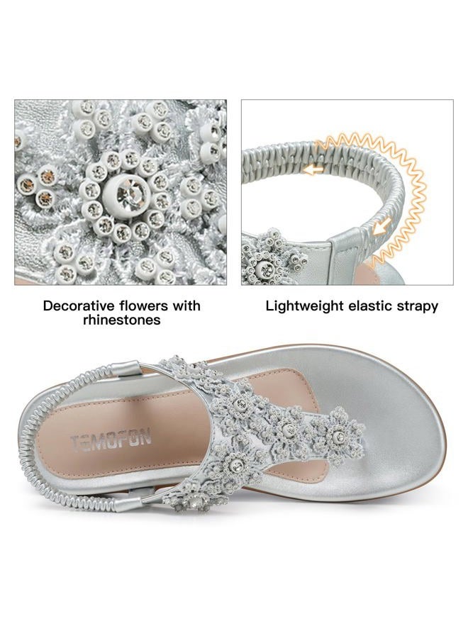 TEMOFON Sandals for Women Flat Dressy: Summer Sandals Elastic Ankle Strap - Comfortable Casual Flower Sandals - Flip Flops Sandals Size 5-11, Siilver, 8 - Image 4