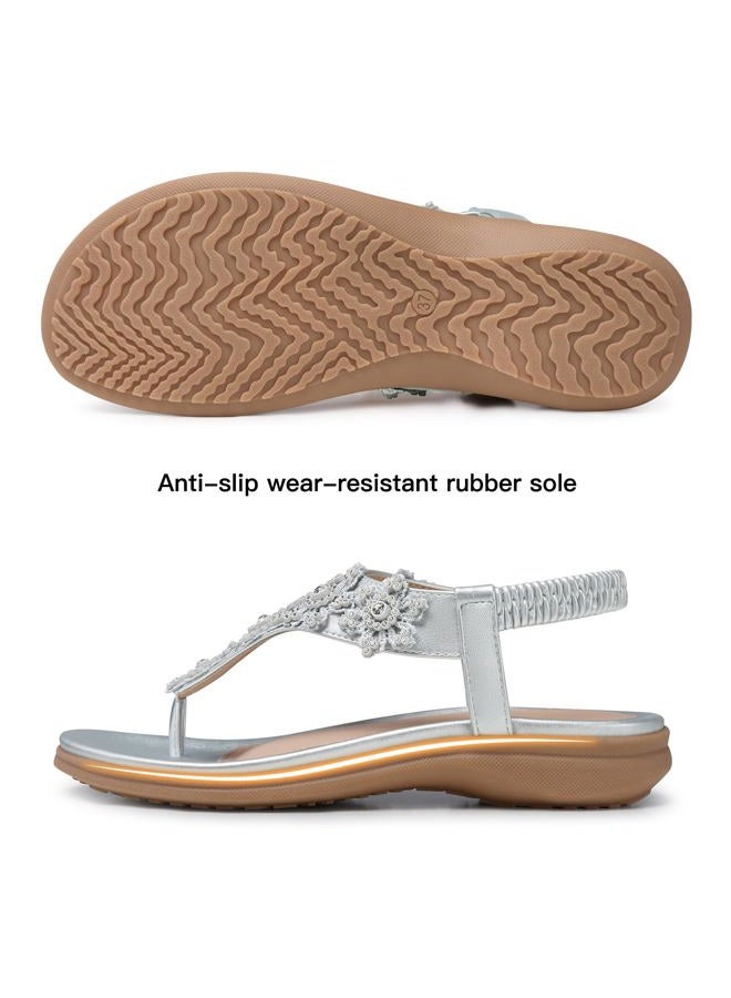 TEMOFON Sandals for Women Flat Dressy: Summer Sandals Elastic Ankle Strap - Comfortable Casual Flower Sandals - Flip Flops Sandals Size 5-11, Siilver, 8 - Image 5