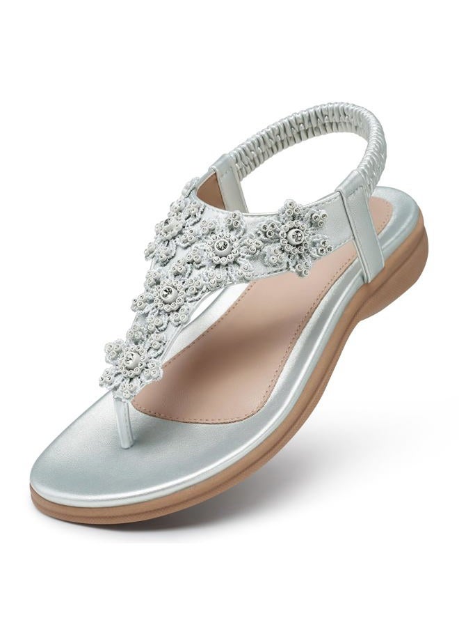 TEMOFON Sandals for Women Flat Dressy: Summer Sandals Elastic Ankle Strap - Comfortable Casual Flower Sandals - Flip Flops Sandals Size 5-11, Siilver, 8 - Image 1