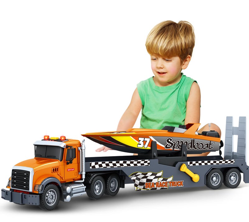Bstoyder Toddler Boy Toys for 3 4 5 6 7 Years Kids 21 Semi Flatbed Truck Toy with a Sea Race Truck Friction Powered Vehicles Toys with Lights and Sounds Birthday for Boy Girls - Image 3