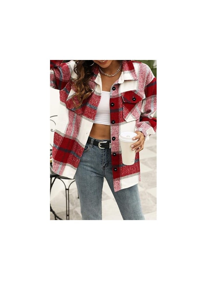Generic - Womens  Shacket Jacket Casual Plaid Wool Blend Button Down Long Sleeve Shirt Fall Clothes Outfits - Image 1