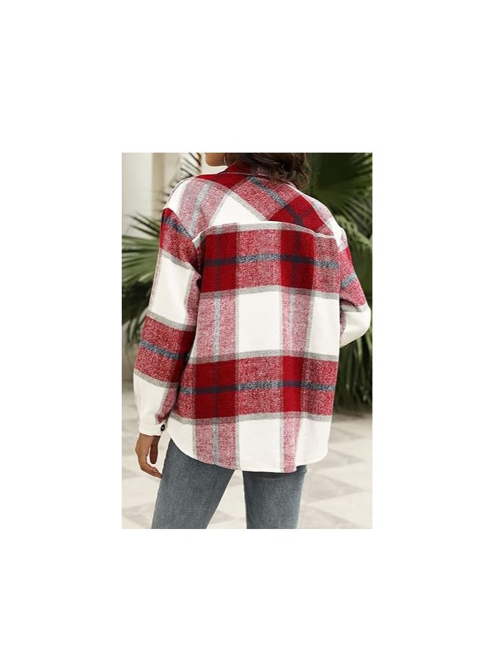 Generic - Womens  Shacket Jacket Casual Plaid Wool Blend Button Down Long Sleeve Shirt Fall Clothes Outfits - Image 1