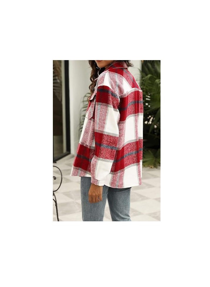 Generic - Womens  Shacket Jacket Casual Plaid Wool Blend Button Down Long Sleeve Shirt Fall Clothes Outfits - Image 1