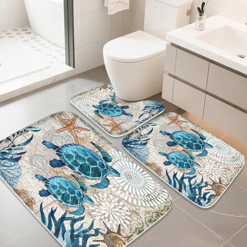 Final Friday Sea Turtles Nautical Ocean Beach 4 Pcs Bathroom Sets with Shower Curtain Set and Rugs, Non-Slip Rugs Bath Mat U Shaped Mat Starfish Coral Shower Curtains Waterproof with 12 Hooks, 72 x 72 Inch Teal - Image 4