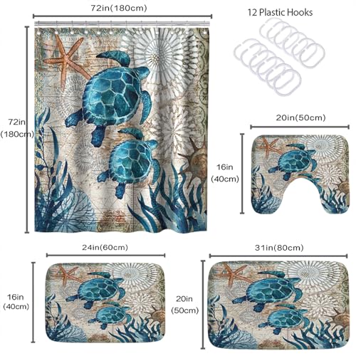 Final Friday Sea Turtles Nautical Ocean Beach 4 Pcs Bathroom Sets with Shower Curtain Set and Rugs, Non-Slip Rugs Bath Mat U Shaped Mat Starfish Coral Shower Curtains Waterproof with 12 Hooks, 72 x 72 Inch Teal - Image 5