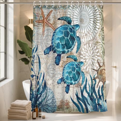 Final Friday Sea Turtles Nautical Ocean Beach 4 Pcs Bathroom Sets with Shower Curtain Set and Rugs, Non-Slip Rugs Bath Mat U Shaped Mat Starfish Coral Shower Curtains Waterproof with 12 Hooks, 72 x 72 Inch Teal - Image 3