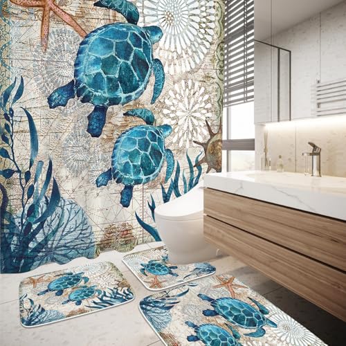 Final Friday Sea Turtles Nautical Ocean Beach 4 Pcs Bathroom Sets with Shower Curtain Set and Rugs, Non-Slip Rugs Bath Mat U Shaped Mat Starfish Coral Shower Curtains Waterproof with 12 Hooks, 72 x 72 Inch Teal - Image 2