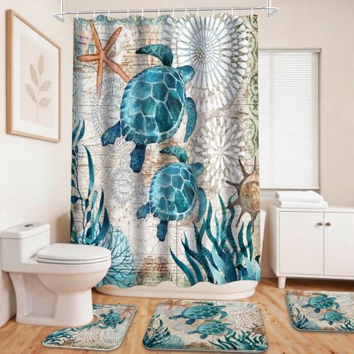 Final Friday Sea Turtles Nautical Ocean Beach 4 Pcs Bathroom Sets with Shower Curtain Set and Rugs, Non-Slip Rugs Bath Mat U Shaped Mat Starfish Coral Shower Curtains Waterproof with 12 Hooks, 72 x 72 Inch Teal - Image 1