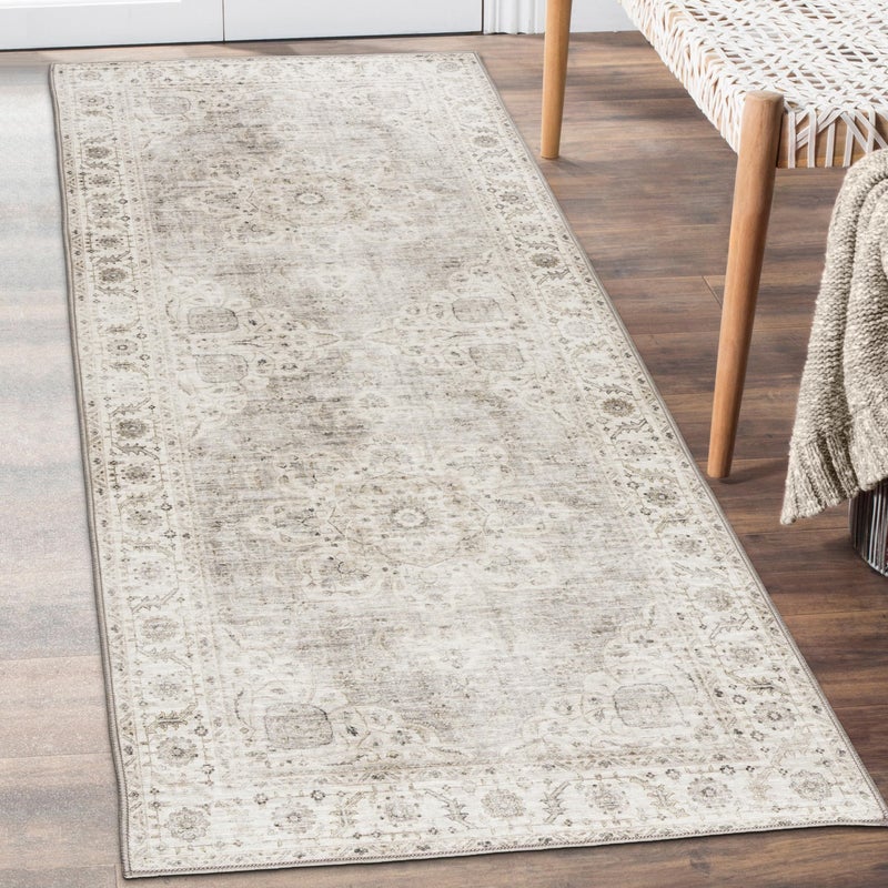 ReaLife Rugs Machine Washable Area Rug Runner Living Room Bedroom Bathroom Kitchen Entryway Office Padded Low Pile Stain Resistant Premium Boho Farmhouse Vintage Joy Beige Ivory 26 x 8