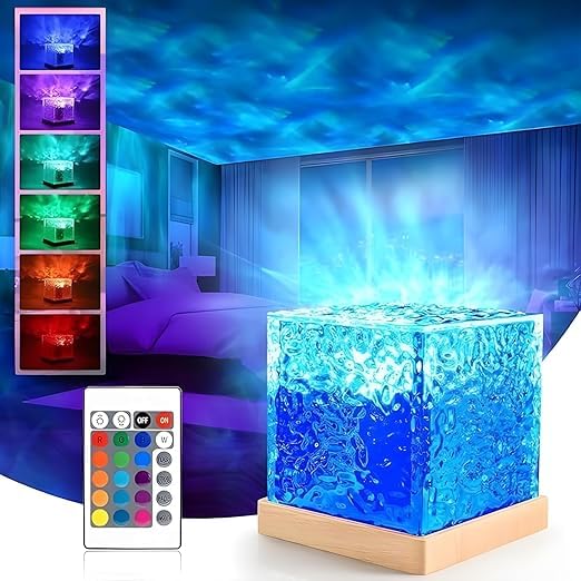 One94Store acrylic Romantic Ocean Wave Night Light Projector Lamp 3D Water Wave Effect LED Projection Lamp for Bedroom Decor Remote Control Cube Shape - Image 1