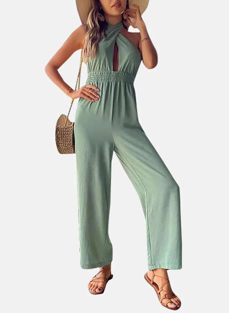 يونيكي Green Solid Relaxed Fit Tie-up Jumpsuit