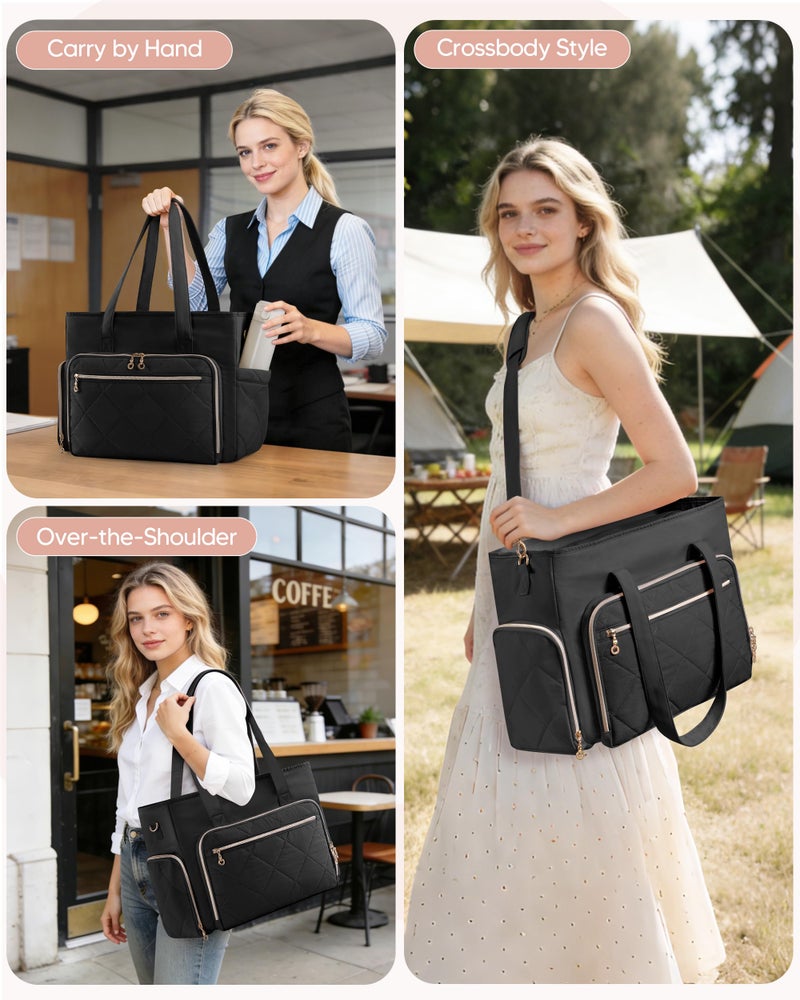 Marscamd Teacher Tote Bag with Lunch Compartment, File Organizer Pocket, 15.6" Laptop Compartment, Crossbody Strap, School Work Bag for Women - Black - Image 2
