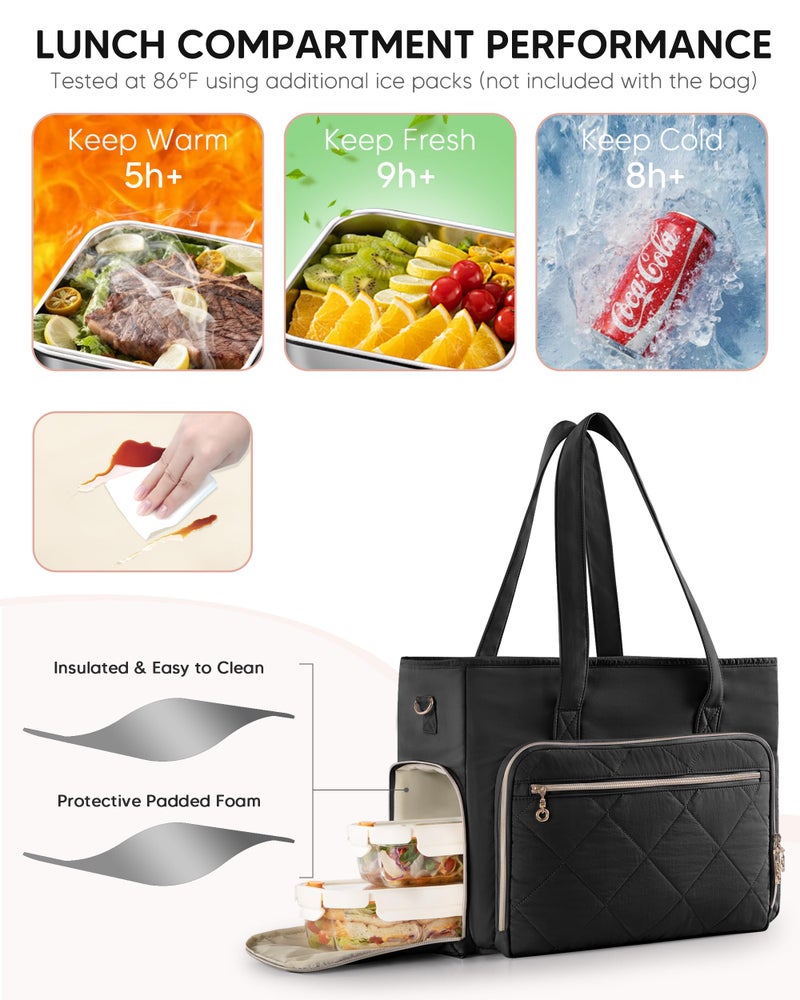 Marscamd Teacher Tote Bag with Lunch Compartment, File Organizer Pocket, 15.6" Laptop Compartment, Crossbody Strap, School Work Bag for Women - Black - Image 3