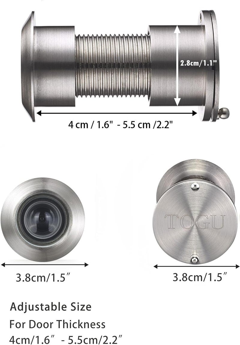 Togu TG3828YG-SN مشبك باب نحاسي صلب معتمد من UL بزاوية رؤية 220 درجة مع غطاء خصوصية ثقيل للأبواب من 1-3/5" إلى 2-1/6"، تشطيب نيكل ساتان - Image 3