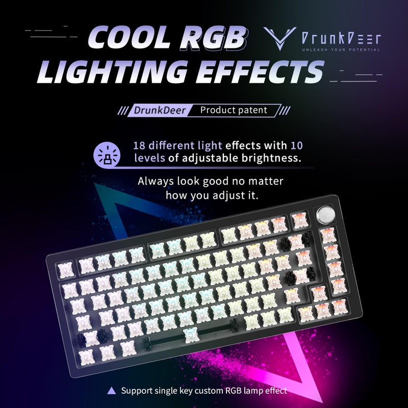 DrunkDeer A75 Rapid Trigger Mechanical Keyboard Magnetic Switch Keyboard TKL RGB 75% Layout Wired USB Compact Gaming Keyboard 82 Keys with Knob Black, Barebone - Image 2
