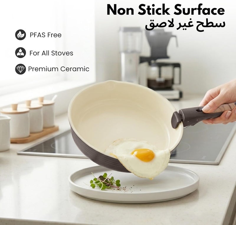 Carote 10-Piece Ceramic Nonstick Cookware Set with Detachable Handle, PFAS-Free Healthy Cooking Pots & Pans, Stackable Design with Pour Spouts, All-Stovetop Compatible, Dishwasher Safe (Chocolate) - Image 3