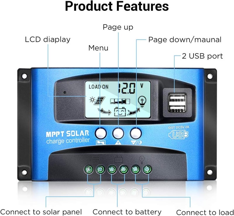 iSunergy تحكم شحن الطاقة الشمسية MPPT 50A 12V/24V منظم ذكي مع منفذ USB مزدوج وشاشة LCD للبطاريات الحمضية الرصاصية - Image 2