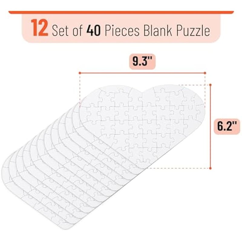 مستر.بين - احجية فارغة، 12 قطعة، 40 قطعة/عبوة، 9.3 انش × 6.2 انش، احجية بيضاء على شكل قلب، احجية فارغة للرسم عليها، احجية بيضاء بالكامل، قطع احجية فارغة للكتابة عليها، قطع احجية جيغسو فارغة - Image 2