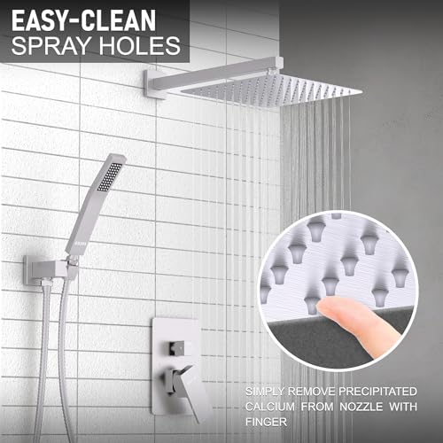 KOJOX Shower System with High Pressure 10 Inch Rainfall Shower Head, Handheld Shower head and Shower Faucet Trim valve, Bathroom Luxury Rain Mixer Shower Set Wall Mounted Brushed Nickel - Image 2