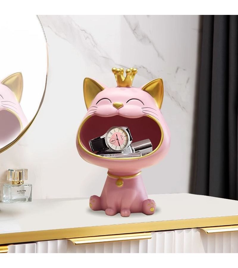 Pink Crown Cat Storage Decoration for Entryway Shoe Cabinet Office Desktop Resin Craft - Image 1