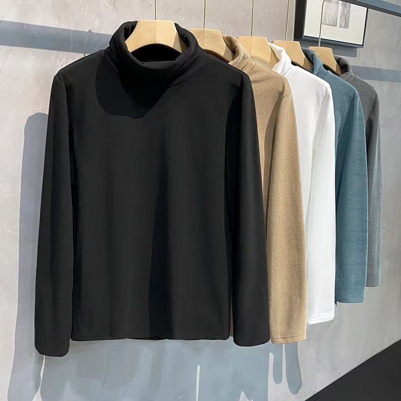 Double-sided Velvet Semi-high Collar Base Shirt Men's Inner Wear Autumn and Winter Warm Autumn Heavy Solid Color Long Sleeve T-shirt for Men - Image 5