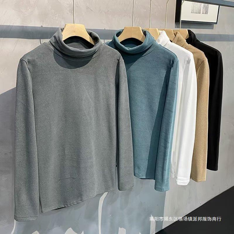 Double-sided Velvet Semi-high Collar Base Shirt Men's Inner Wear Autumn and Winter Warm Autumn Heavy Solid Color Long Sleeve T-shirt for Men - Image 3