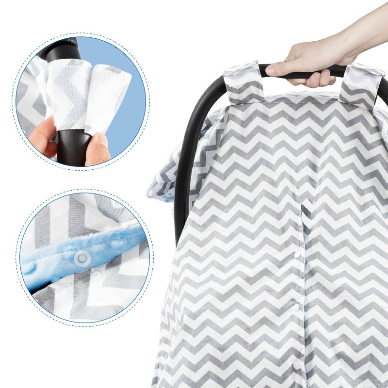 Cozy Minky Car Seat Cover Blue Gray Peekaboo Design Multi Use For Strollers And Nursing Wave Pattern - Image 5