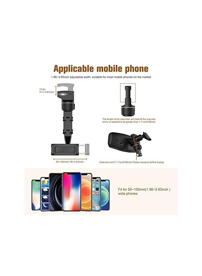 SHOWAY حامل هاتف مرآة الرؤية الخلفية للسيارة، حامل هاتف مرآة متعدد الوظائف، حامل هاتف مرآة رؤية خلفية دوار 360° عالمي للهواتف المحمولة في السيارات لأجهزة آيفون وهواوي وبلاك بيري. - Image 4