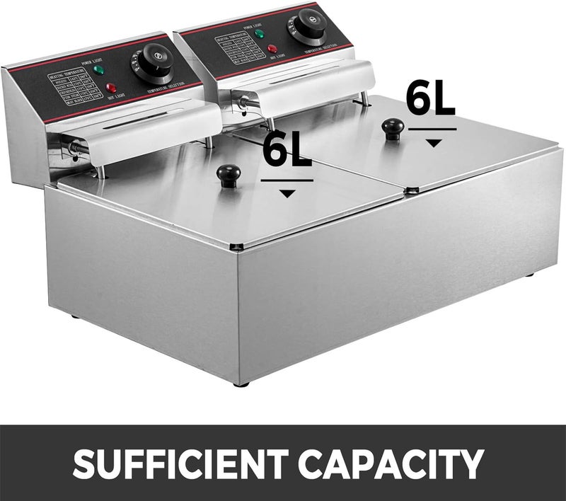 VEVOR 12L Stainless Steel Electric Deep Fryer Commercial Double Tank 5000W Deep Fryer with 2 Frying Baskets with Rubber Handle for Frying Food Cooking - Image 2