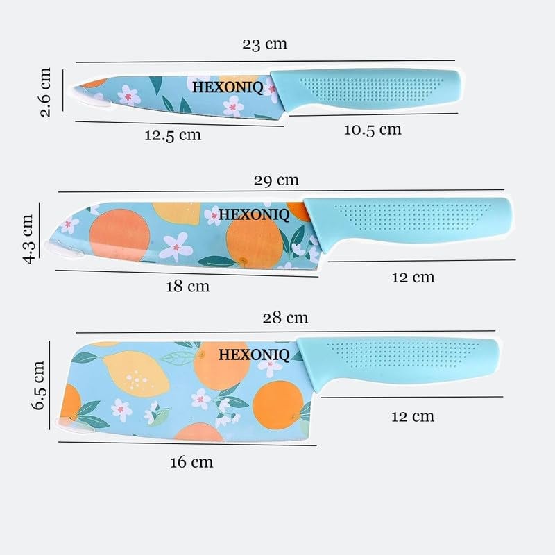 HEXONIQ Color Printed Stainless Steel Paring Chefs and Cleaver Knife Blue Pack of 3 - Image 3