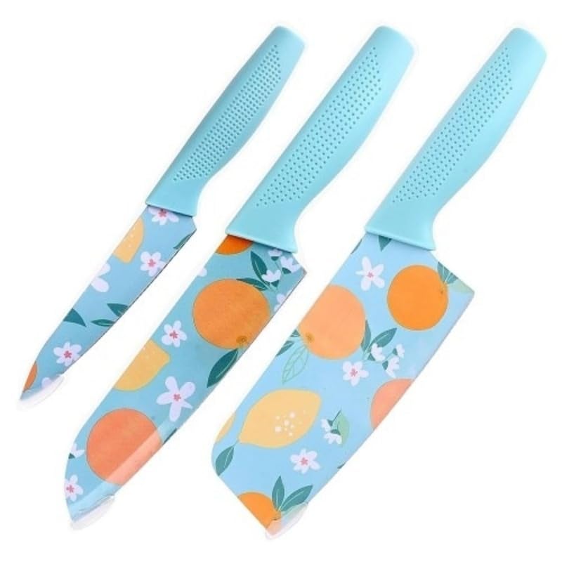 HEXONIQ Color Printed Stainless Steel Paring Chefs and Cleaver Knife Blue Pack of 3 - Image 1