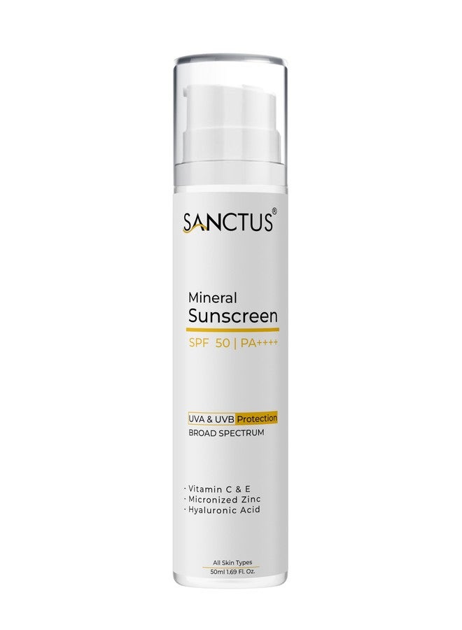 SANCTUS Mineral Sunscreen SPF 50+ | PA++++ Broad Spectrum UVA/UVB | Blue light protect | No White Cast | Water resistant, Ultra light & Non sticky | Oily, Dry & Sensitive Skin| Hyaluronic Acid, Niacinamide, Vitamin C & E- 50ml - Image 1
