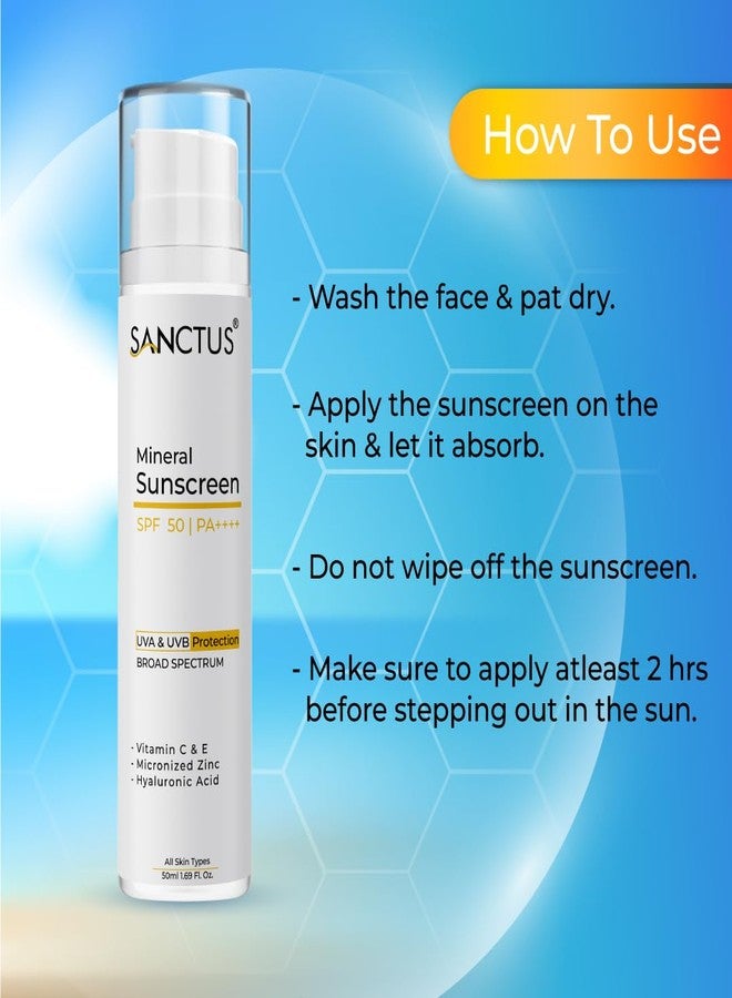 SANCTUS Mineral Sunscreen SPF 50+ | PA++++ Broad Spectrum UVA/UVB | Blue light protect | No White Cast | Water resistant, Ultra light & Non sticky | Oily, Dry & Sensitive Skin| Hyaluronic Acid, Niacinamide, Vitamin C & E- 50ml - Image 5
