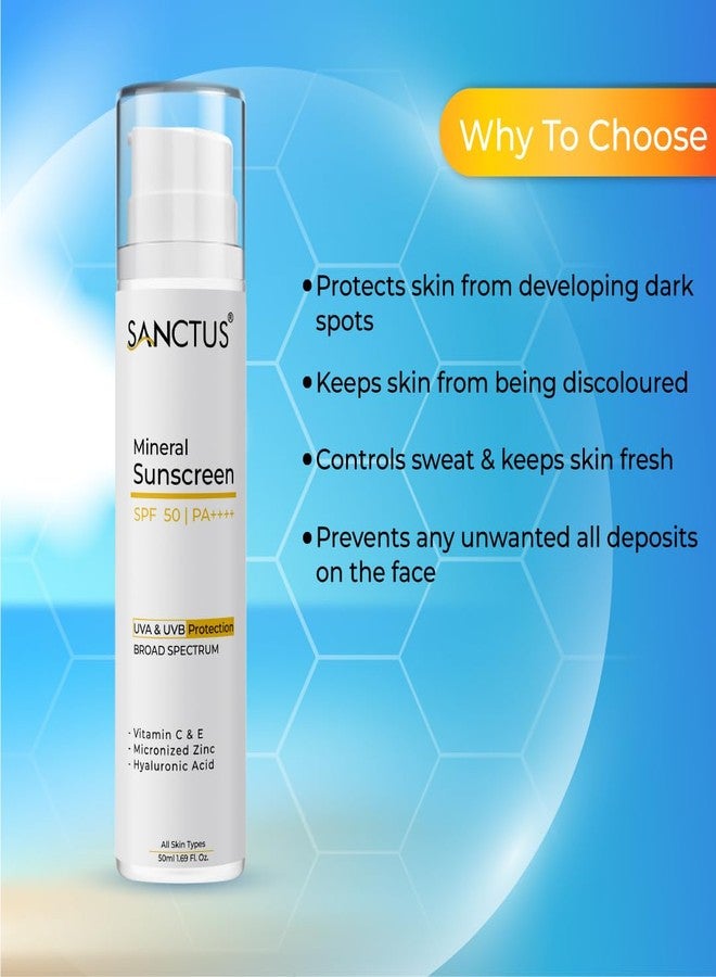 SANCTUS Mineral Sunscreen SPF 50+ | PA++++ Broad Spectrum UVA/UVB | Blue light protect | No White Cast | Water resistant, Ultra light & Non sticky | Oily, Dry & Sensitive Skin| Hyaluronic Acid, Niacinamide, Vitamin C & E- 50ml - Image 3
