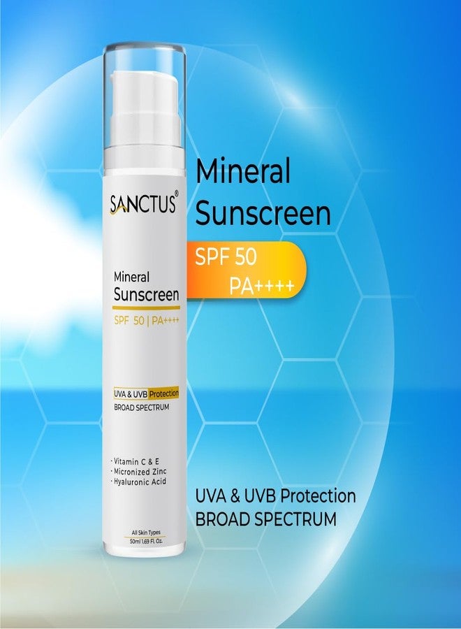 SANCTUS Mineral Sunscreen SPF 50+ | PA++++ Broad Spectrum UVA/UVB | Blue light protect | No White Cast | Water resistant, Ultra light & Non sticky | Oily, Dry & Sensitive Skin| Hyaluronic Acid, Niacinamide, Vitamin C & E- 50ml - Image 2