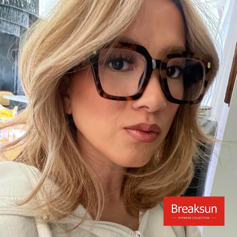 Breaksun نظارات بريكسون فاشن oversized لحجب الضوء الأزرق للنساء والرجال بإطار مربع كبير عصري (تورتويس) - Image 2
