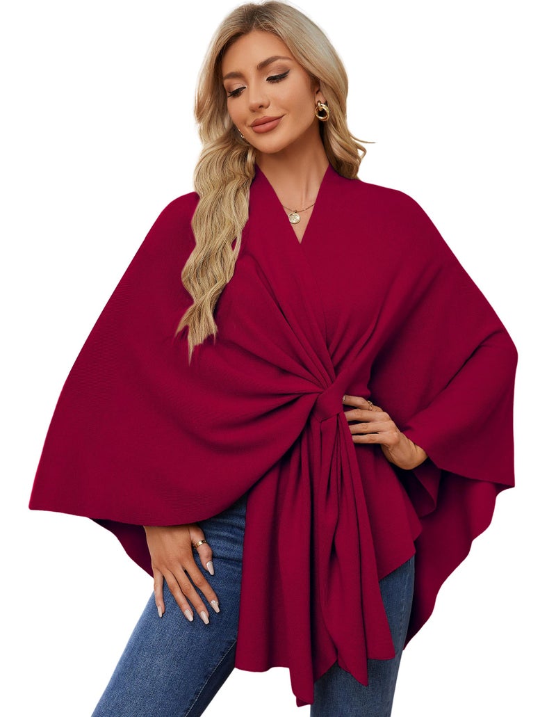 PULI Women's Elegant Shawl Wraps Soft Open Front Poncho Sweater for Spring Fall Winter Maroon - Image 1