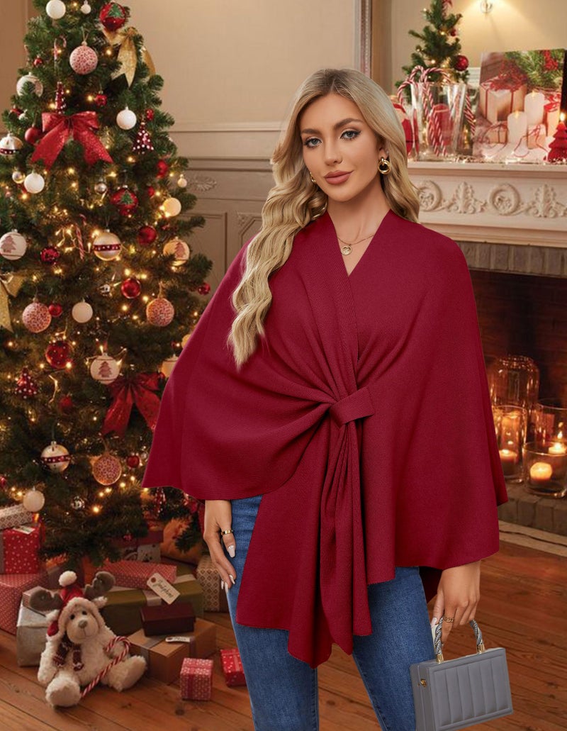 PULI Women's Elegant Shawl Wraps Soft Open Front Poncho Sweater for Spring Fall Winter Maroon - Image 2